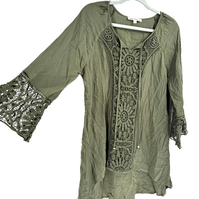 Indigo Thread Co Crinkle Gauze Crochet Blouse Women's M Ballon Whimsy Fairy Boho