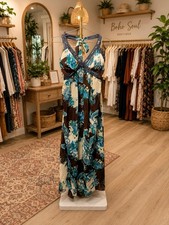 NWOT Woman’s Paisley Halter Maxi Dress With Demin Hem & Gems Size XL