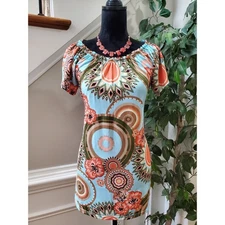 Win Win Women Blue Polyester Round Neck Short Sleeve Casual Top Blouse Size S/M