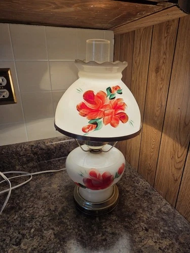 Vintage Gone with the Wind Glass Hurricane Lamp Milk Glass Pink Red Flowers