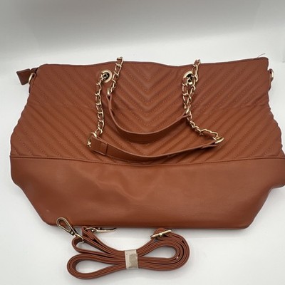 Rodier Brown Quilted Shoulder Bag Chain Accent Zip Closure Detachable Strap