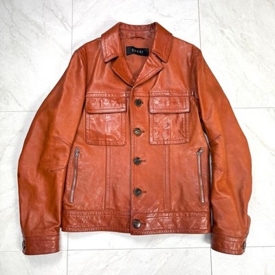 Gucci Tom Ford Era Cow Leather Tracker Jacket Riders Orange Brown 48 Men Auth