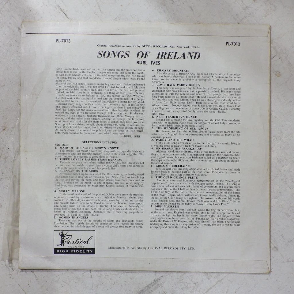 Burl Ives songs of Ireland 33 rpm LP record album VG+ VG Aus festival record - Image 2 of 4