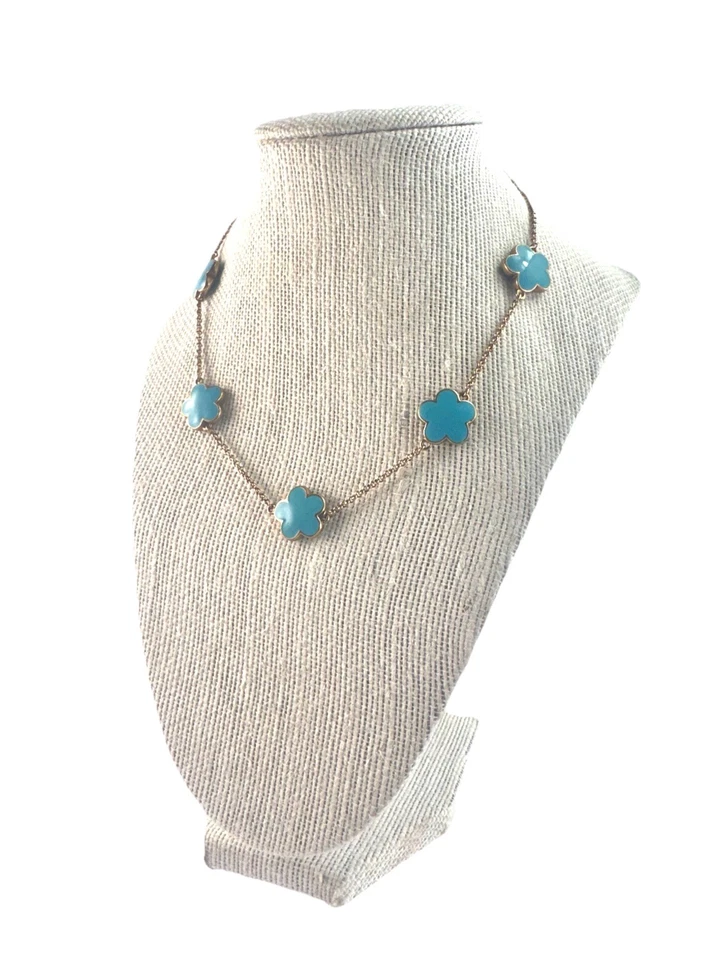 Vtg Lauren G Adams Necklace Daisy Love Turquoise Blue Enamel Gold Toned 16-18” - Image 3 of 4
