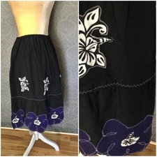 Ethnic Hand Appliqued Peasant Skirt, Vibrant Colors, Black, Hibiscus, Med- Large