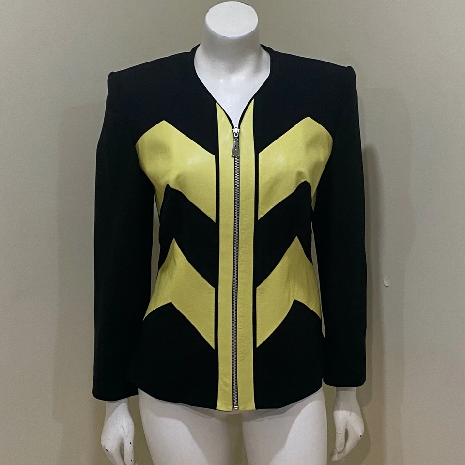 Vintage Alberto Makali Cache Suit Women 8 Black Yellow Leather Zip Jacket Pants - Image 4 of 4