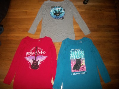 JUSTICE ROCK MUSIC GUITAR OWL STUD EMBELLISHED L/S GRAPHIC TOP GIRLS SZ 18 20