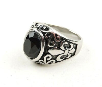 Stainless Steel 5ct Oval Black Zircon Fleur-de-lis Ring - Free Gift Packaging