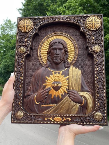 Sacred Heart of Jesus wood carved christian icon religious wall hanging art work - Picture 2 of 6