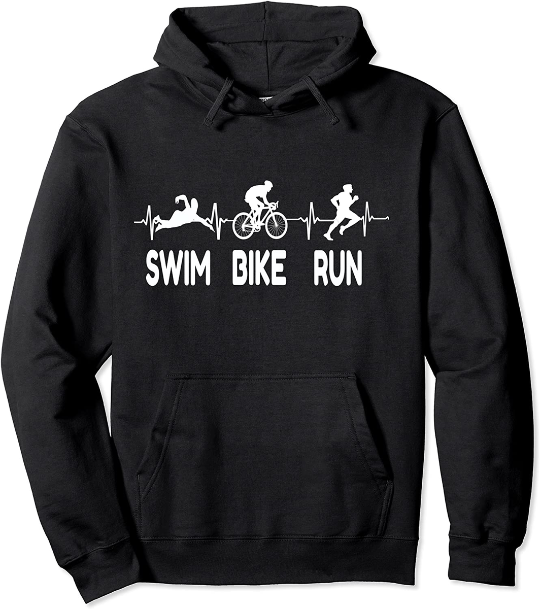Swim Bike Run Heartbeat Triathlon Triathlete Sport Gift Pullover Hoodie  Large