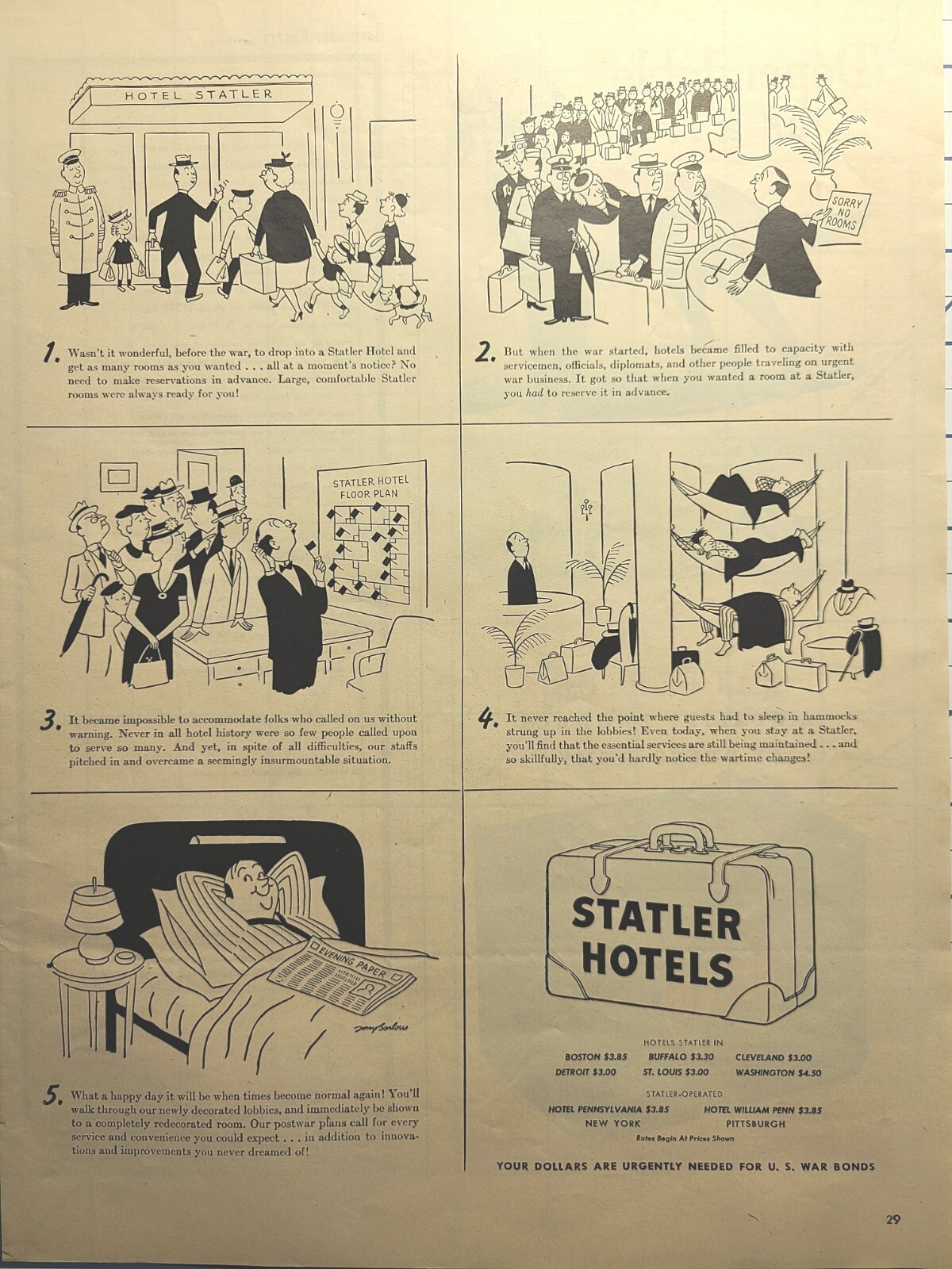 Statler Hotels Boston Buffalo Detroit St Louis Wartime Vintage Print Ad 1945