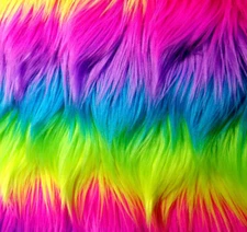 NEON RAINBOW STRIPE SHAGGY FAUX FUR 60" LONG PILE RAVE VIBRANT STRIPES PURPLE 