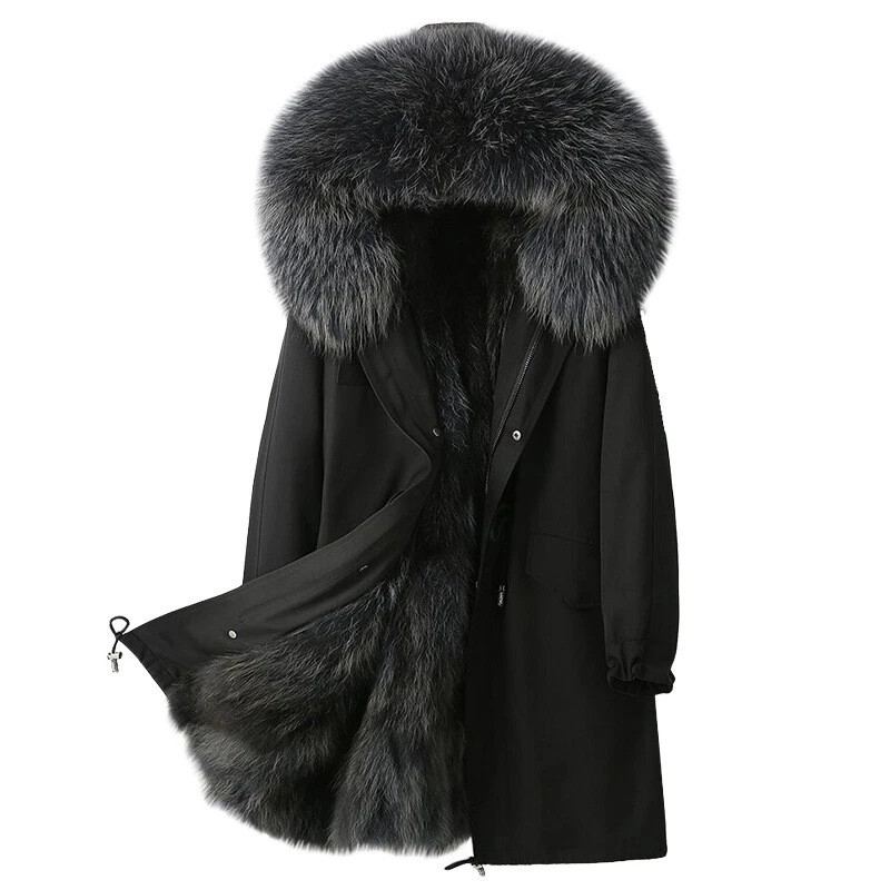 Men Mid Long Coat Real Fox Fur Lined Raccoon Fur Collar Parka Over Knee Overcoat - Image 4 of 4