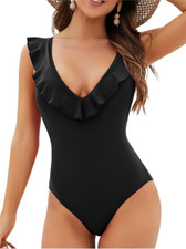 Zaful Women's 1 Piece Tummy Control Swimsuit Vneck Ruffle Lace Up Back Monokini