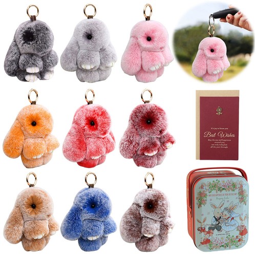 HONBAY Faux Rabbit Fur Fox Head Keychain – Sparkly Rhinestone, Zinc Alloy, Grey Fluffy Keychain