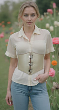 Women Corset Champagne Beige Belt Elastic Faux Leather Waist Plus Size Fit L XL