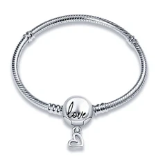 925 Sterling Silver Snake Chain Bracelet with Love Round Buckle Charm Bracele...