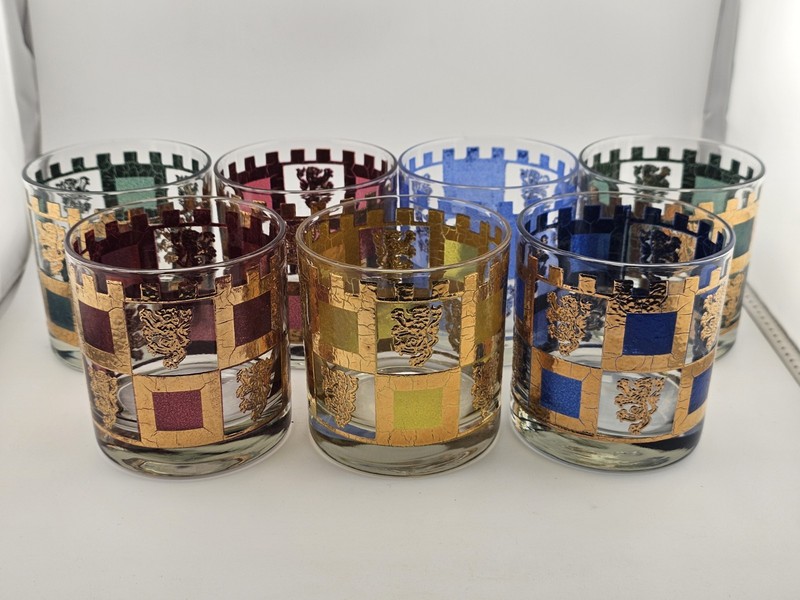 Vintage MCM Rocks Glass Set 7 Metallic Gold Checker Crest Tumblers Barware