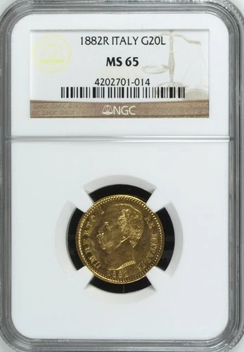 ITALY , GOLD 20 LIRE 1882 R NGC MS 65 , RARE8