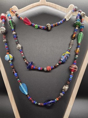 Vtg BRIGHT Funky ART GLASS BEAD Colorful BOHEMIC Artisan RAINBOW Necklace 64''