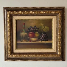 Still Life Oil Painted On Canvas With Ornate frame from ca 1970