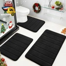 Black Memory Foam Bathroom Rug Set 3 Piece, Non Slip Extra Soft Absorbent Washab