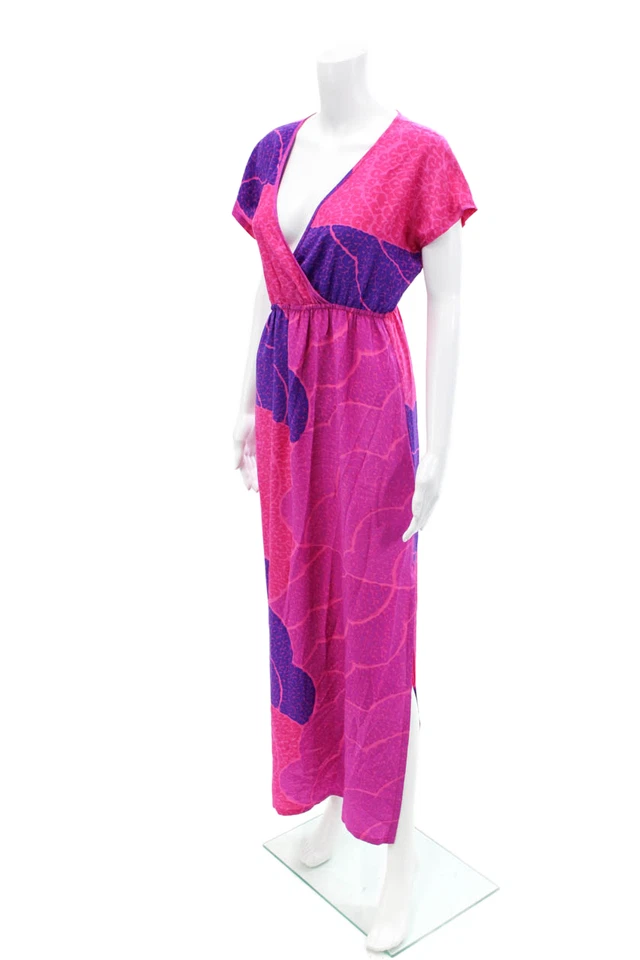 Trina Turk Womens Silk Abstract Print V-Neck Short Sleeve Maxi Dress Pink Size 2 - Image 2 of 4