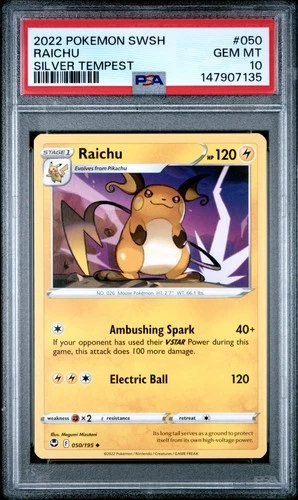2022 POKEMON SWORD & SHIELD SILVER TEMPEST #050 RAICHU PSA 10