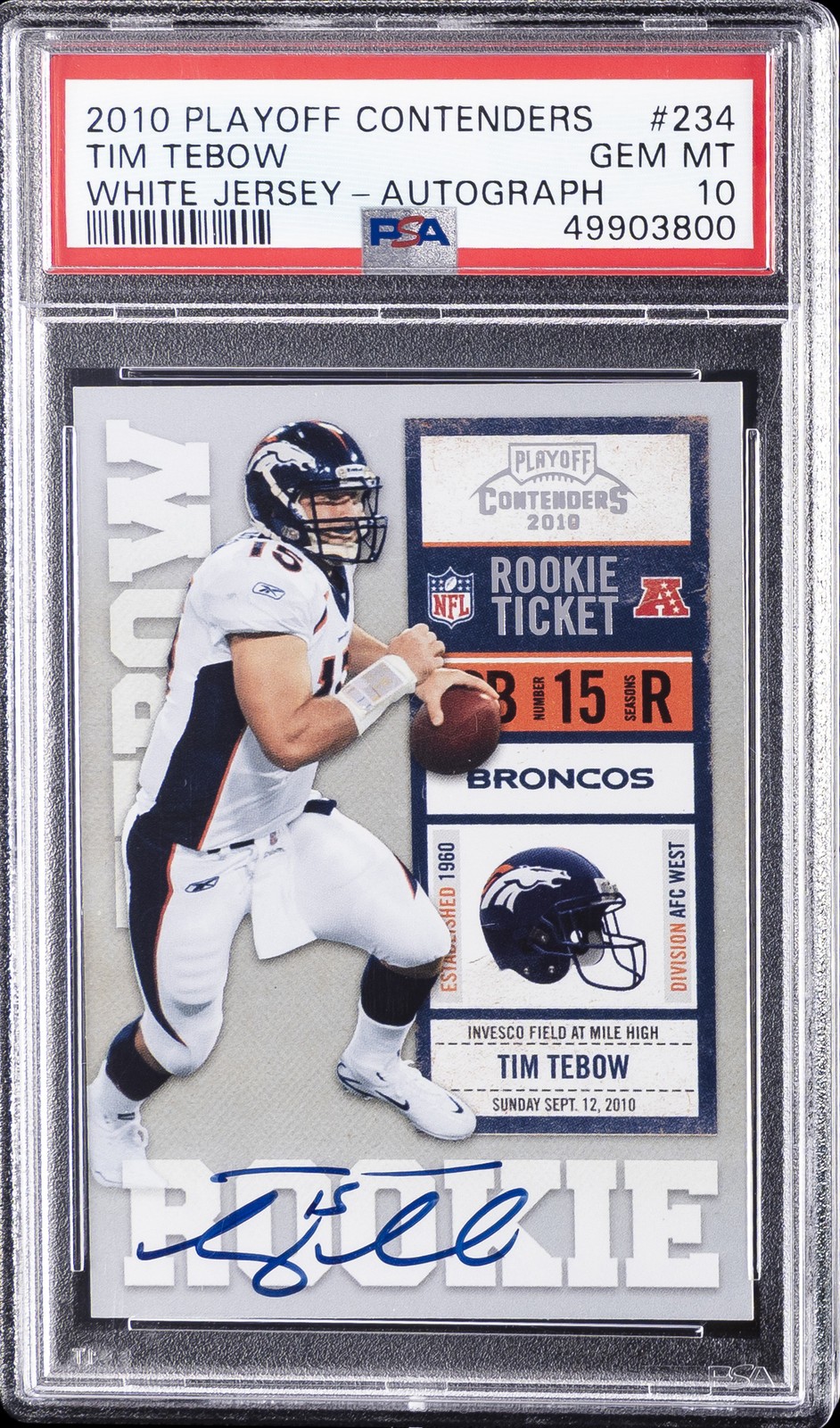 2010 PLAYOFF CONTENDERS VARIATION-AUTO #234 TIM TEBOW ROOKIE RC PSA 10