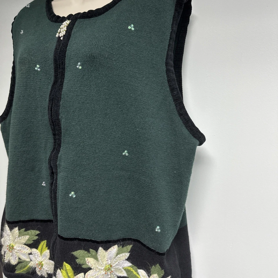 The Quacker Factory Women's Plus Sz 2X Green Holiday Poinsettia Sweater Vest - Image 2 of 4