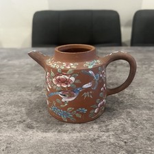 Chinese Yixing Zisha Redware Teapot Hand Enamelled Birds Flowers Antique