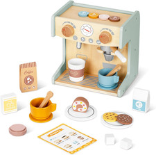 2-In-1 Kids Wooden Toy Coffee Maker Playset, Toddler Pretend Play Kitchen Food S