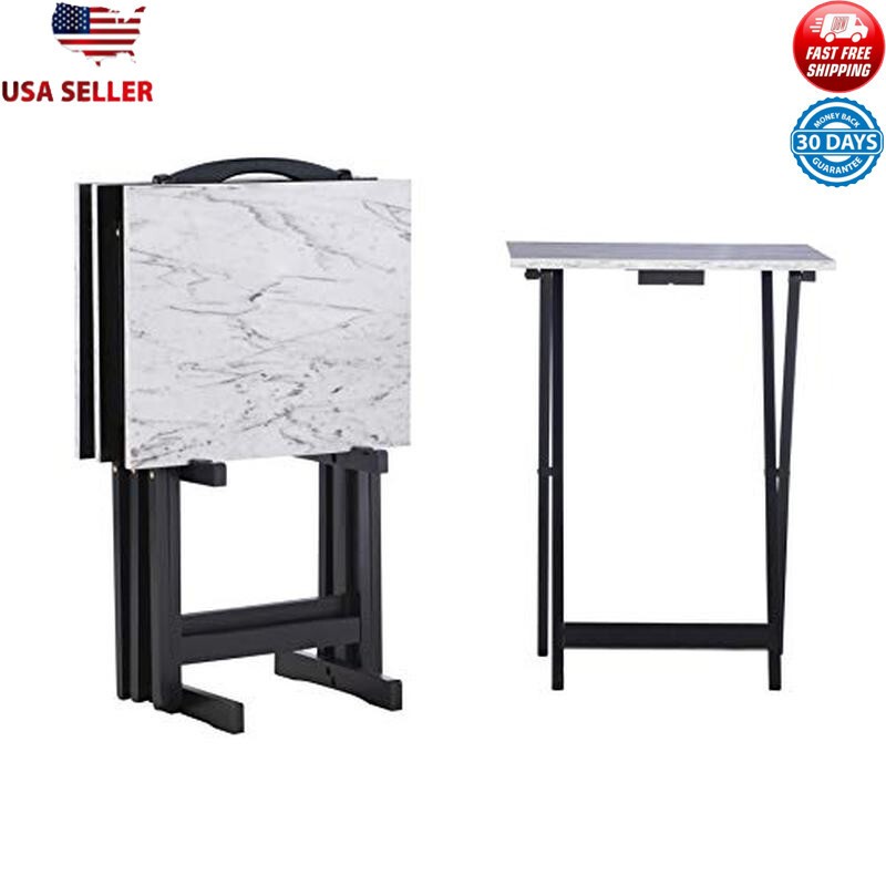 Faux Marble Tray Table Set Rectangular White/Black Wood Assembly 20 Pounds Load