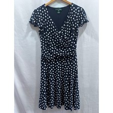 Lauren Ralph Lauren Navy Blue White Polka Dot Faux Wrap Dress Womens 6 V-Neck