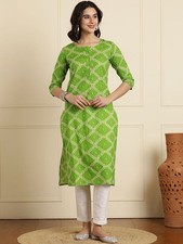 Indian Women BEAUTIFUL Green COTTON Floral Printed Kurta Kurti Top Tunic Dress