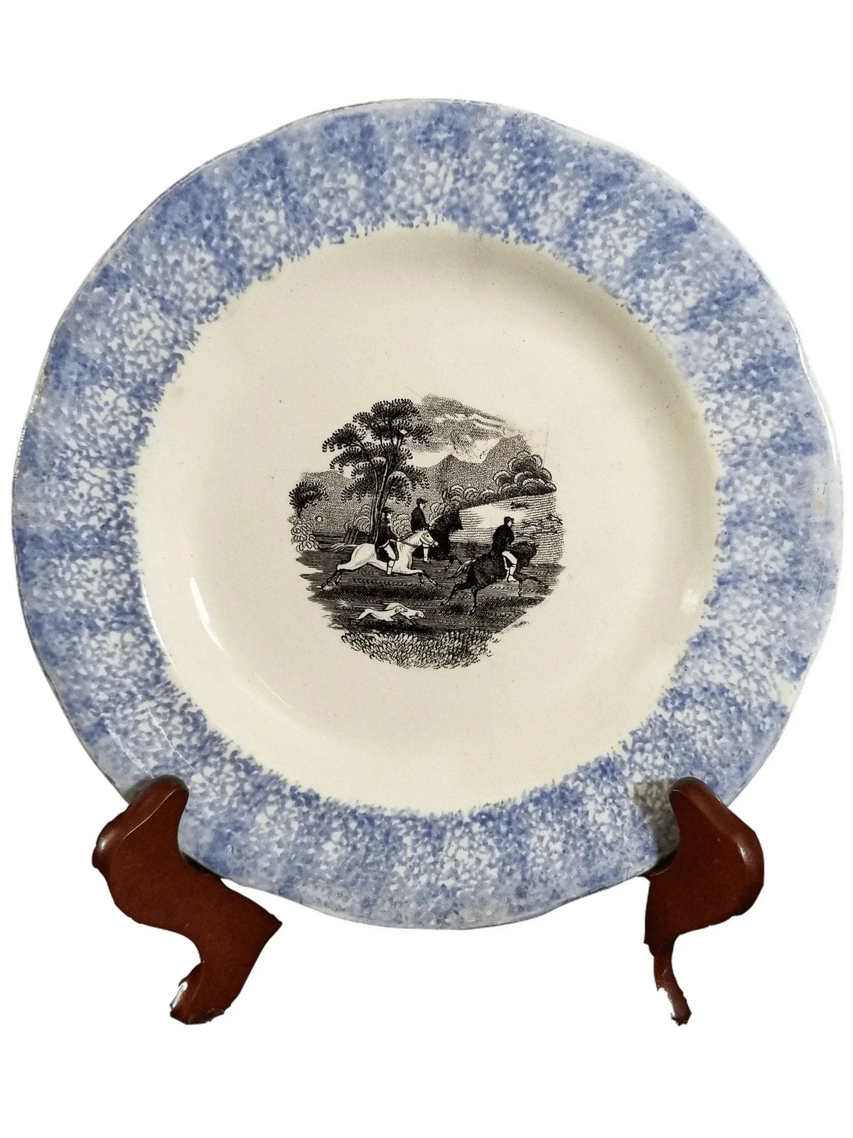 Staffordshire Spatterware plate with Equestrian Fox Transferware Decorat