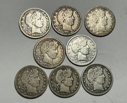 1900 TO 1916 VG TO VF BARBER QUARTER LOT / 8 COINS