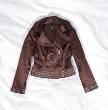 Bebe Brown Satin Crop Jacket Studded Glam Rock Chic Designer Fall Moto Utility