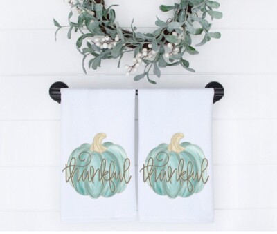 Fall Tea Towels, Set of 2, Thankful, Kitchen or Bathroom, Autumn