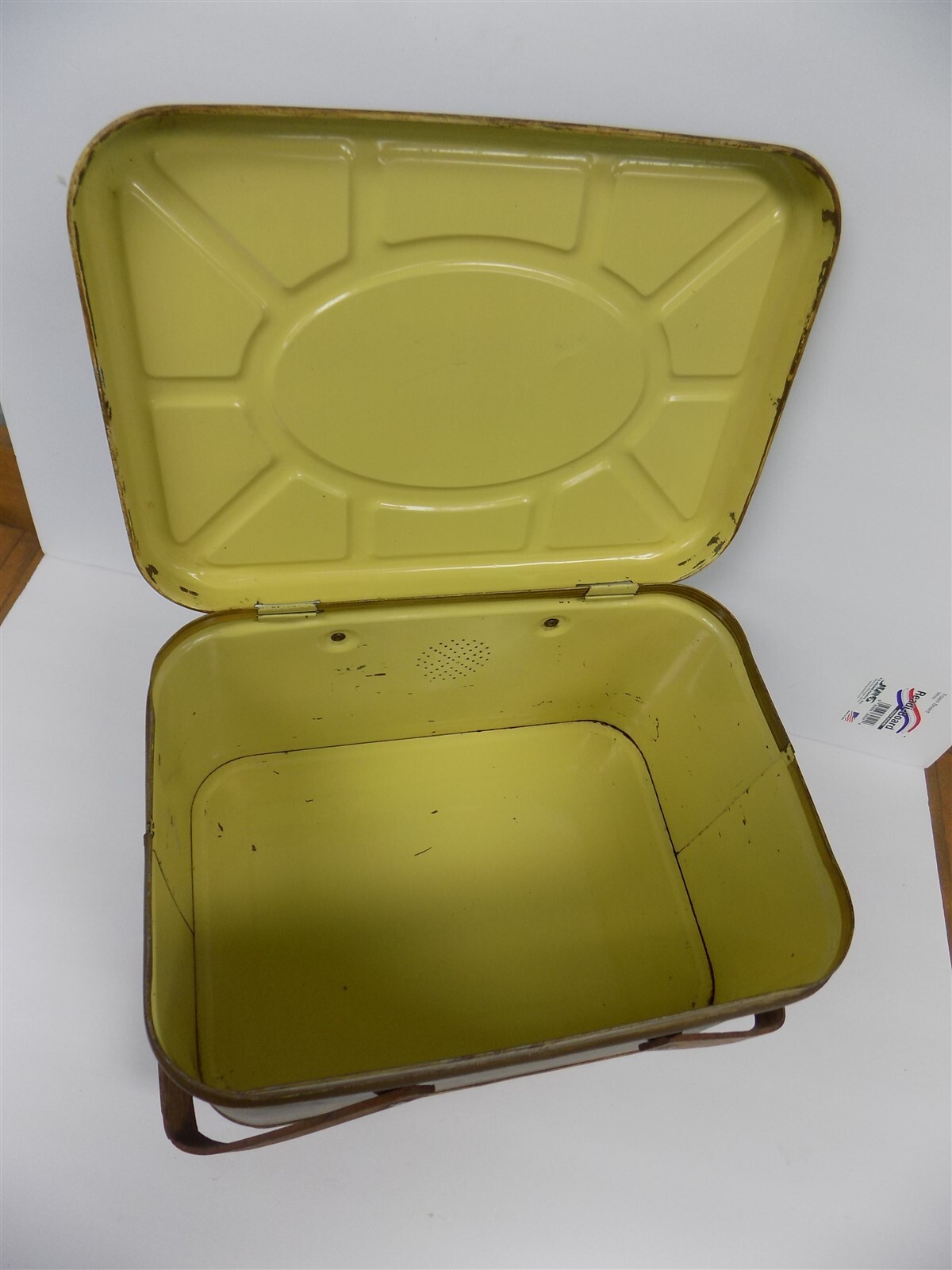 Vintage Brown Metal Picnic Basket with Wooden Handles