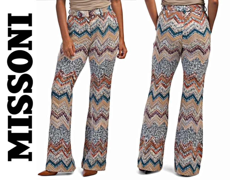MISSONI CHEVRON WIDE FLARE LEG CHEVRON CAPERDONI PANTS POCKETS US L/IT 46  $1301