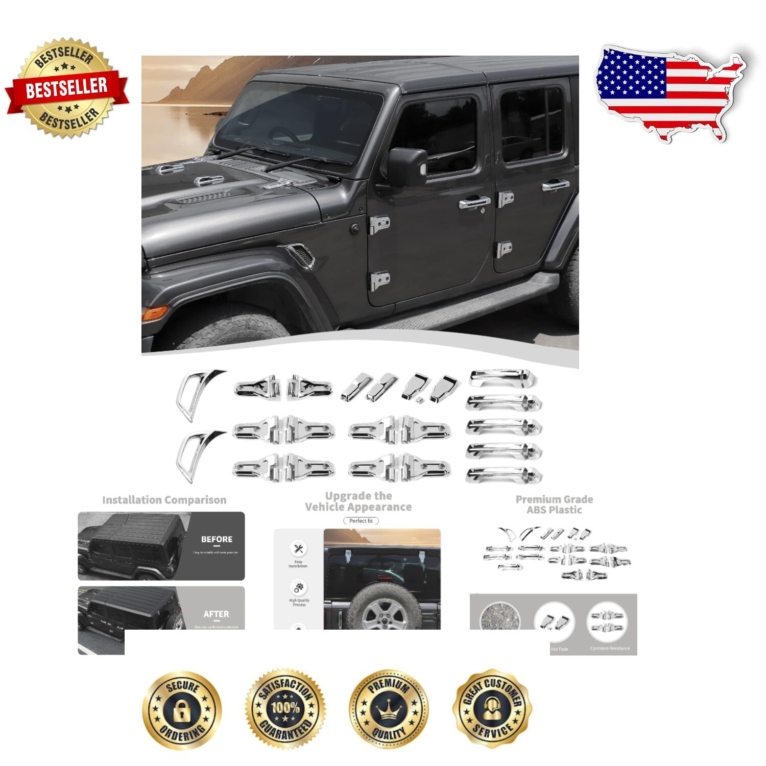 Elegant 22PCS Exterior Trim Kit for 2018-2025 Jeep Wrangler - Easy Installation