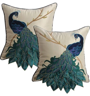 Queenie 2 Pc Peacock Decorative Pillowcase Cushion Cover Throw Pillow 18'' x 18''
