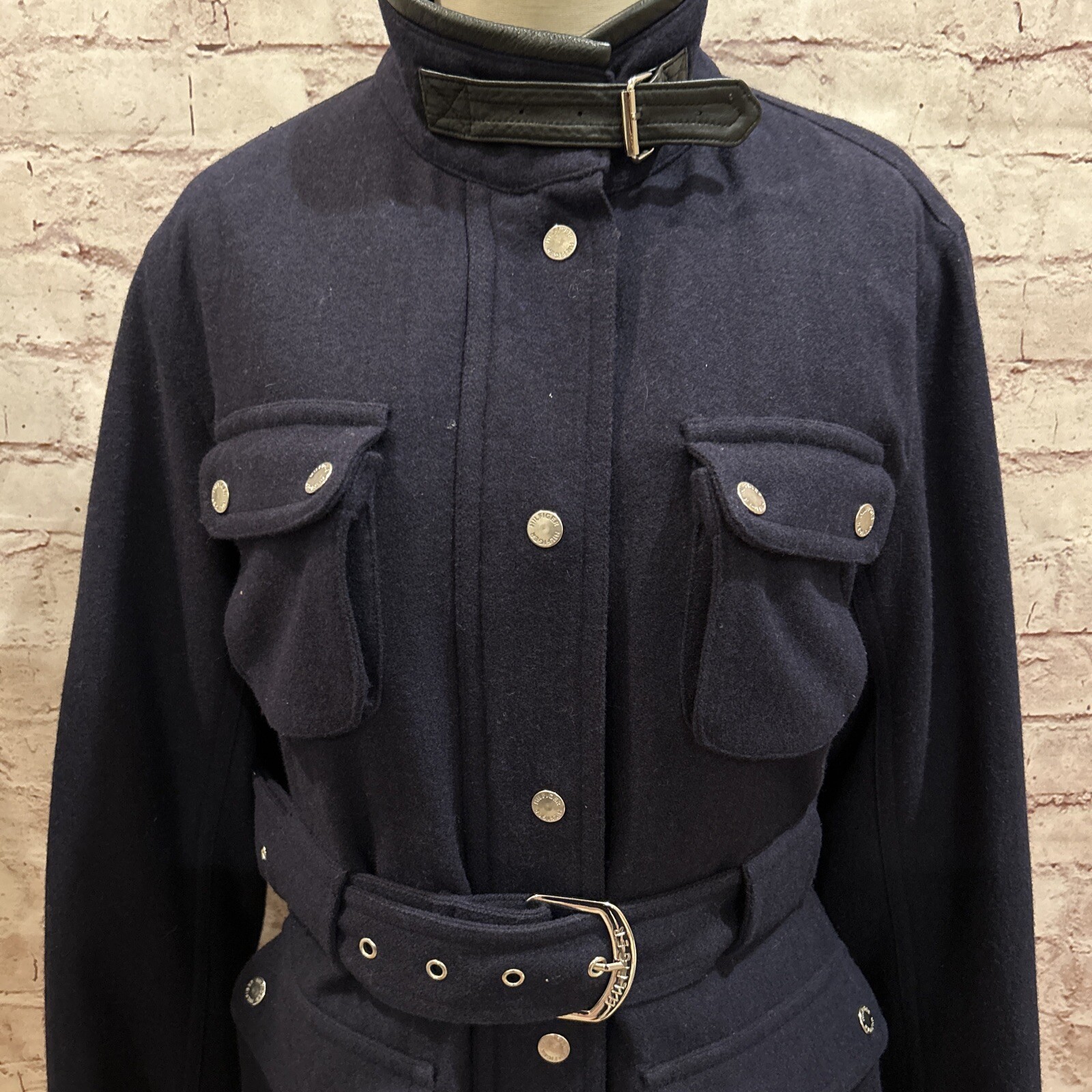 Tommy Hilfiger Y2K Navy Blue Wool Belted Lined Military Moto Coat Jacket Women M thumbnail 2