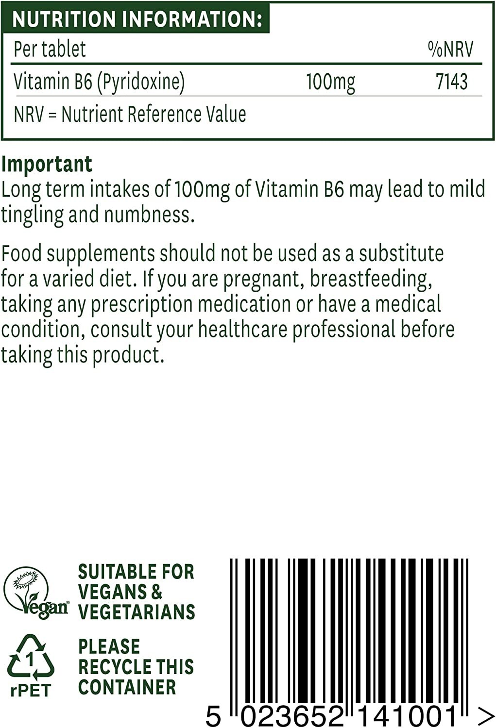 Natures Aid Vitamin B6 100 mg, Pyridoxine, Suitable for Vegans, 100 Tablets eBay