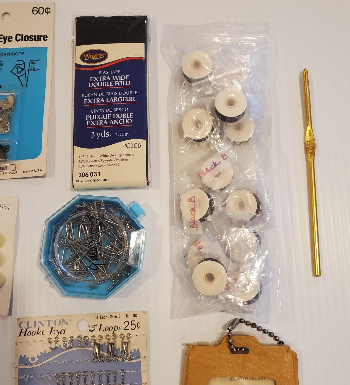 Lot Of Misc Sewing Supplies Needles Pins Thread Buttons Hooks Eyes Black Tape