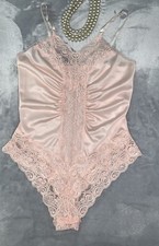 Vtg Shiny Nylon Wide lace Teddy BODYSUIT S Panty Satiny Pink Lingerie