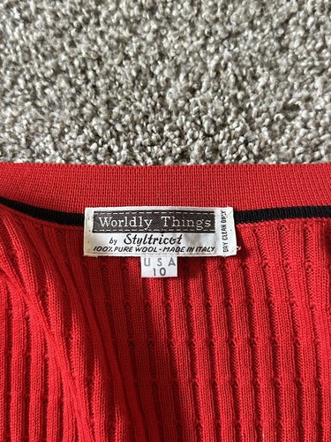 80s Vintage Italy Worldly Things Red Wool Cardigan Sweater Logo Womens Size 10 - Picture 7 of 10