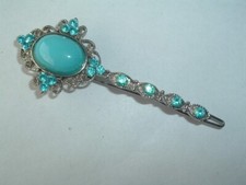 VINTAGE AQUA BLUE PLASTIC GEM SILVER TONE METAL HAIR BARRETTE HAIR ACCESSORY
