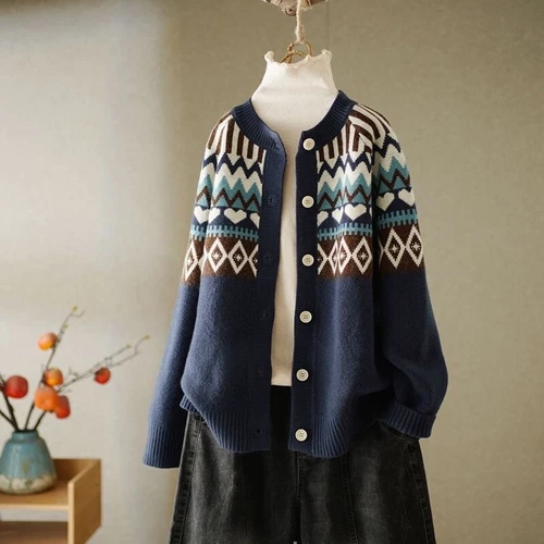 Lady Knitted Sweater Coat Jacket Tops Loose Cardigan Ethnic Knitwear Retro Warm - Bild 3 von 21